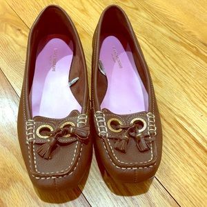 Brown leather flat slip ons size 9